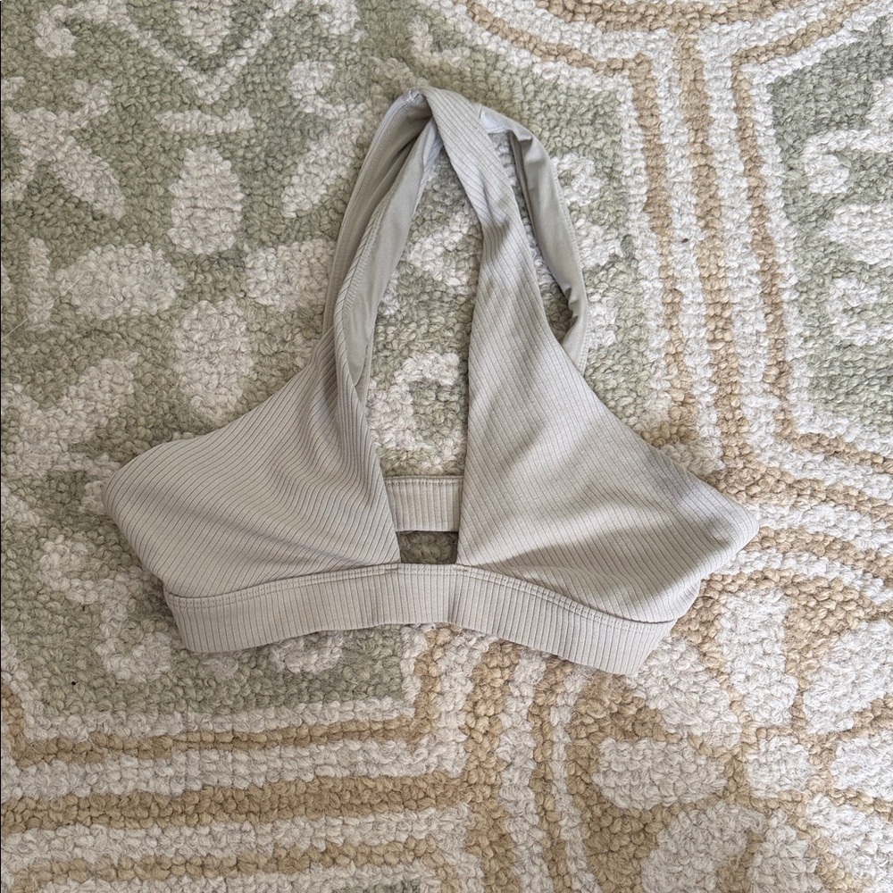 ALO Yoga Cream Ribbed Halter Bralette